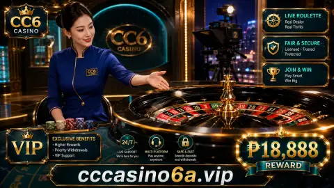CC6 live casino scene with a complete roulette wheel and a transparent Sic Bo dome containing settling dice