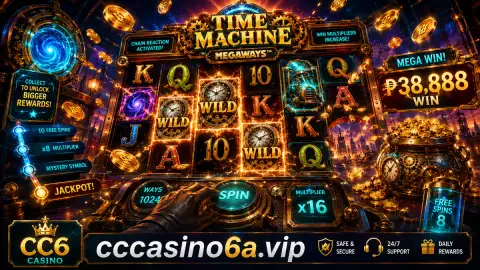 CC6 thunder forge slot scene with orbital rings, crown and diamond symbols around a sapphire lightning core